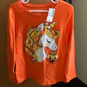 Brand new Girls orange  Halloween Unicorn Shirt with pumpkins and candy corn
